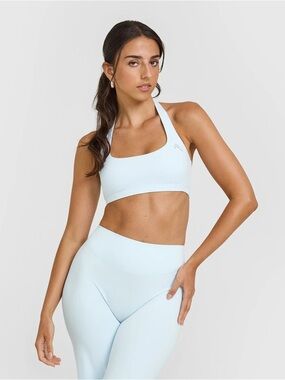 Oner Active Easy Lift Halter Bralette with White Logo in Cloud Blue - Medium